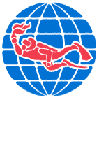 Red scuba diver inside a blue globe.