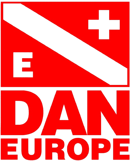 DAN Europe logo: Red square with white diagonal stripe and plus sign. Text 
