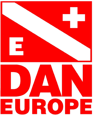 DAN Europe logo: Red square with white diagonal stripe and plus sign. Text 