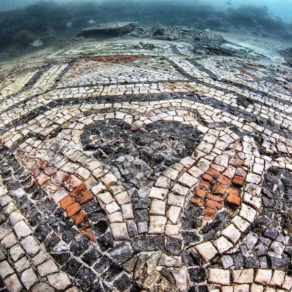 Underwater mosaic floor with black, white, and orange tiles. Heart shape in center.