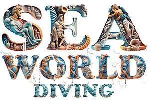 Sea World logo with ornate letters, statues, and diving theme.