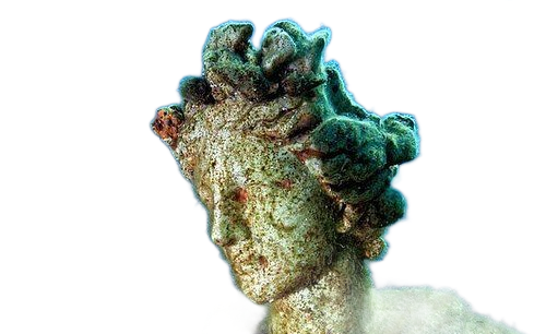 Bronze bust of a figure with curly hair, aged and weathered with green and brown hues.