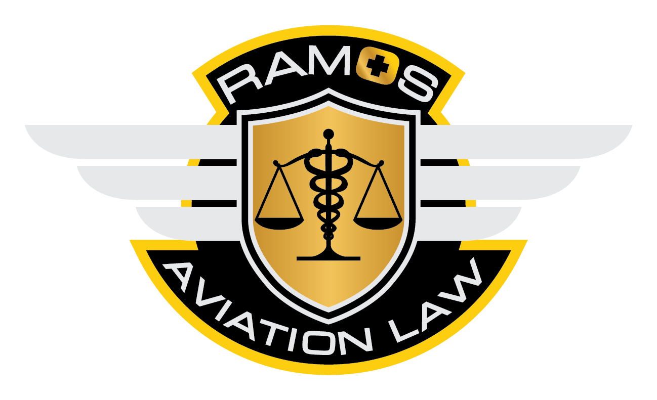 A logo for ramos aviation law with scales of justice on it