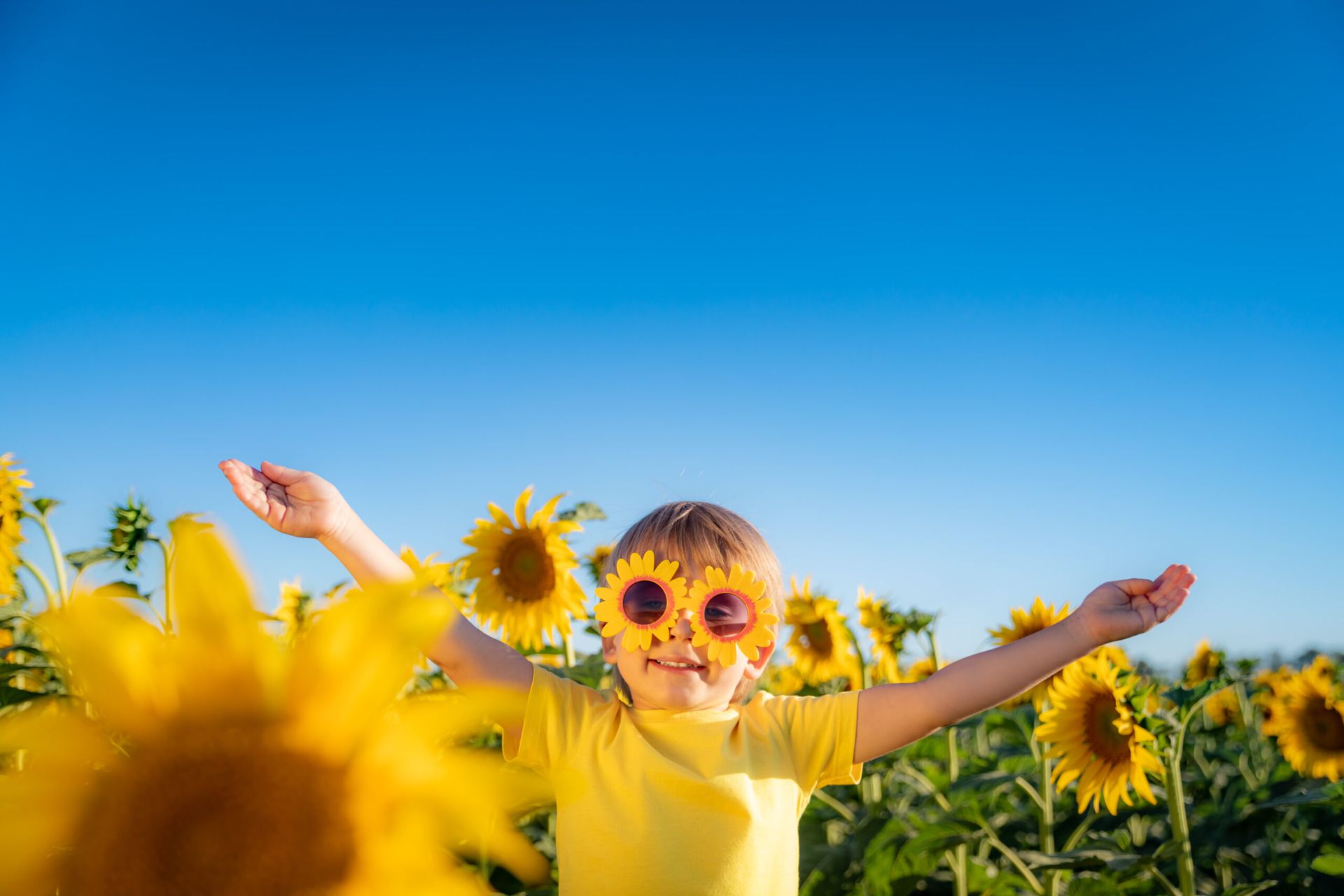 Um garotinho usando óculos de sol de girassol está parado em um campo de girassóis.