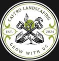 Castro Landscaping logo: crossed shovels, green plant, text "Grow with us", circle design.