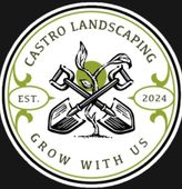 Castro Landscaping logo: crossed shovels, green plant, text "Grow with us", circle design.