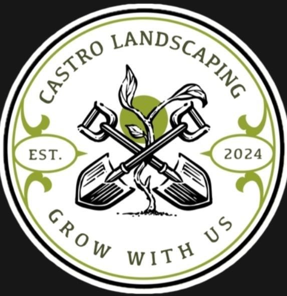 Castro Landscaping logo: crossed shovels, green plant, text "Grow with us", circle design.