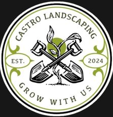 Castro Landscaping logo: crossed shovels, green plant, text "Grow with us", circle design.