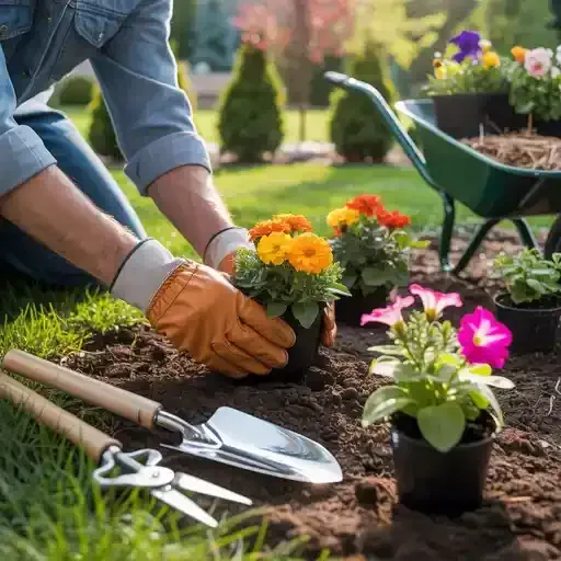 Person planting flowers in garden, wearing gloves. Tools and wheelbarrow nearby.