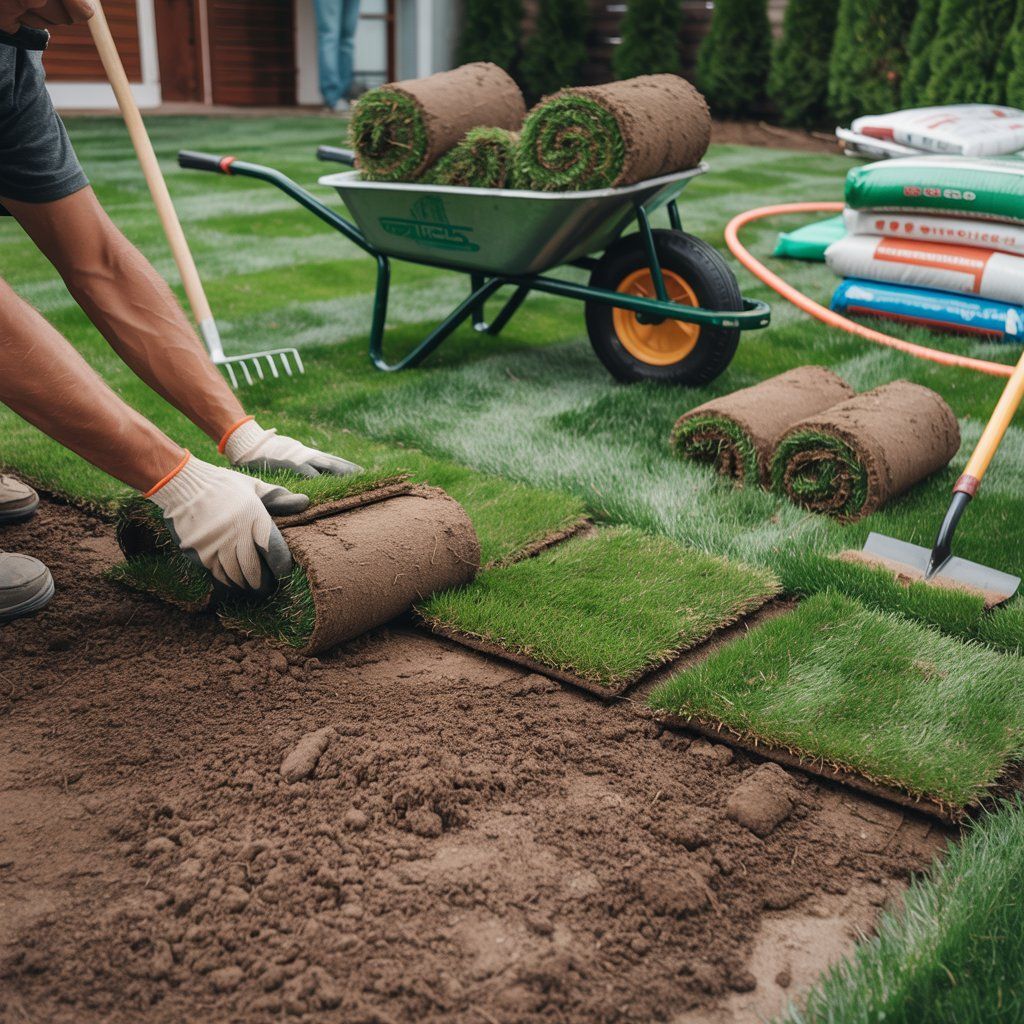 Person laying sod rolls in a yard with a wheelbarrow of sod, a rake, and bags of soil.