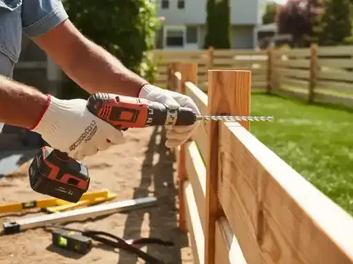 Person wearing gloves drills into a wooden fence outdoors.