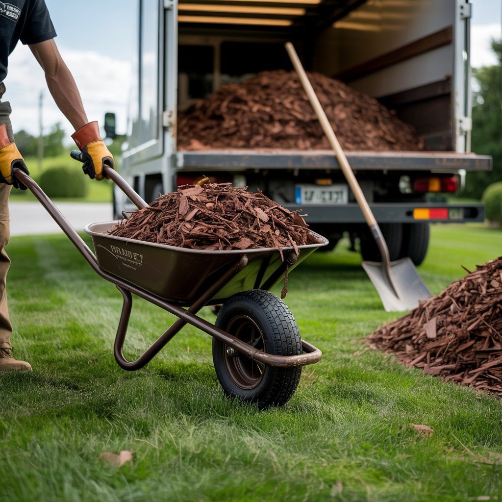Person using a wheelbarrow to move mulch from a truck onto a lawn.