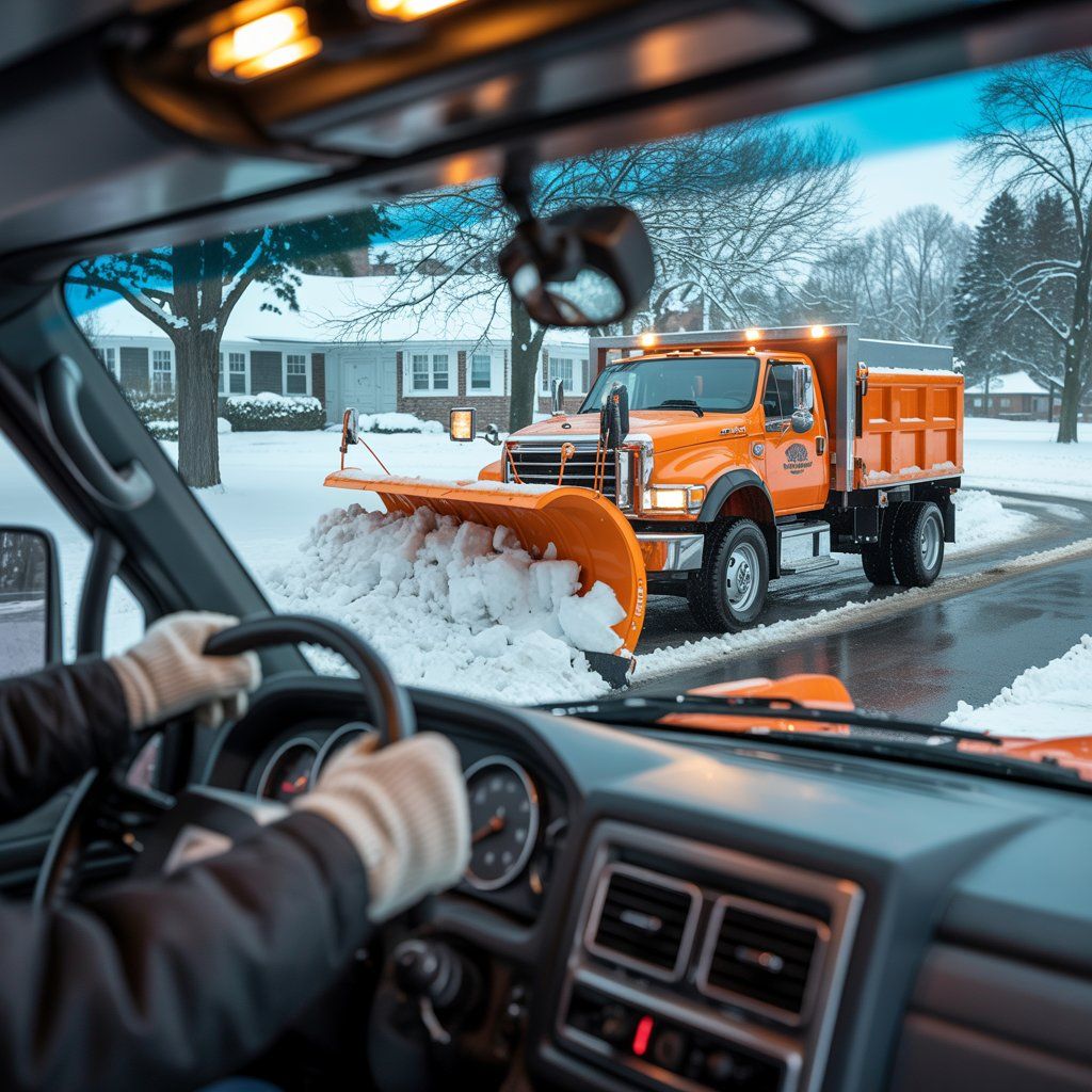 Snow plow truck clearing snow on a residential street; seen from inside the cab of a vehicle.