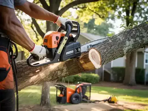 Person in safety gear cutting a tree branch with an orange chainsaw outdoors.