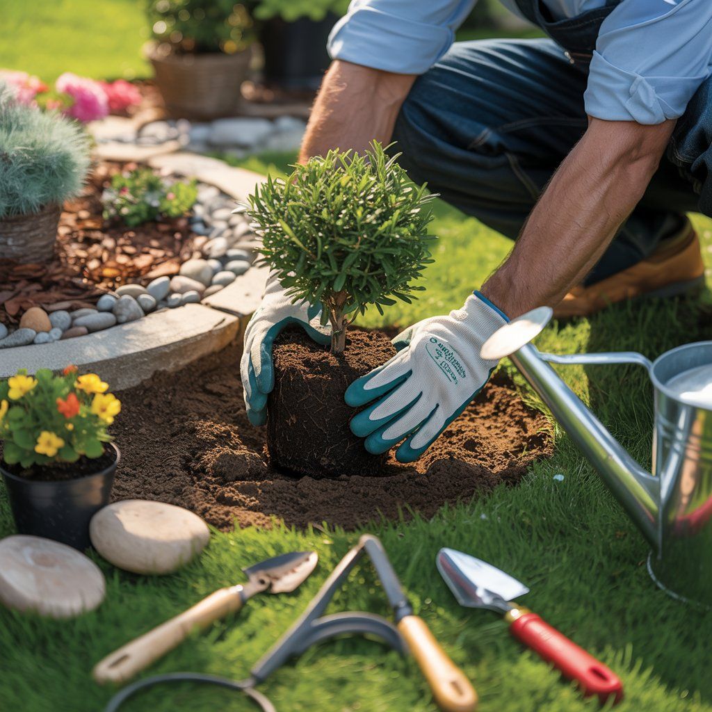 Person planting a small tree in a garden, with gardening tools and flowers nearby.