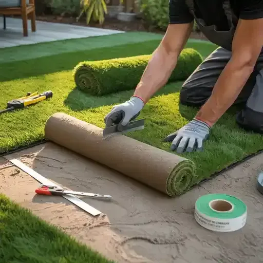 Person installing artificial turf outdoors, using a knife and tape.