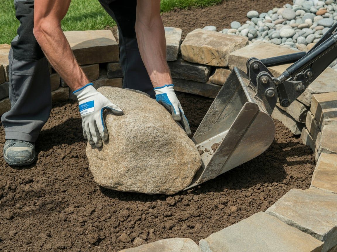 Person placing large rock into a small excavator bucket in a garden bed.