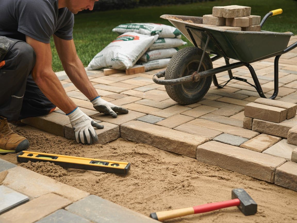 Man laying pavers outdoors, using a level and hammer on a sandy base, with a wheelbarrow and bags of materials nearby.