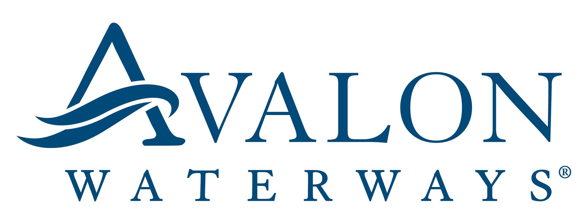 The avalon waterways logo is blue and white