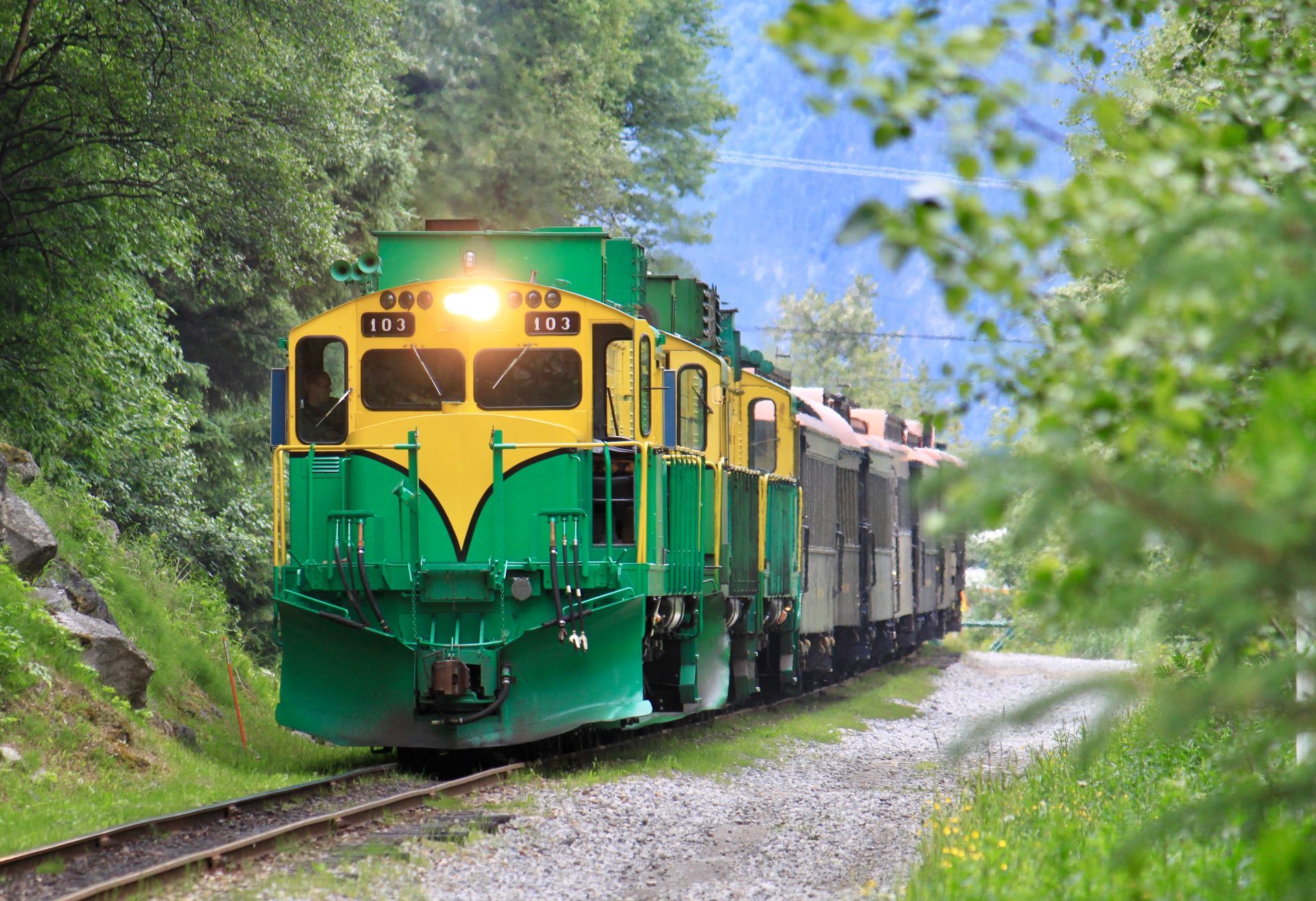 A green and yellow train is going down the tracks.