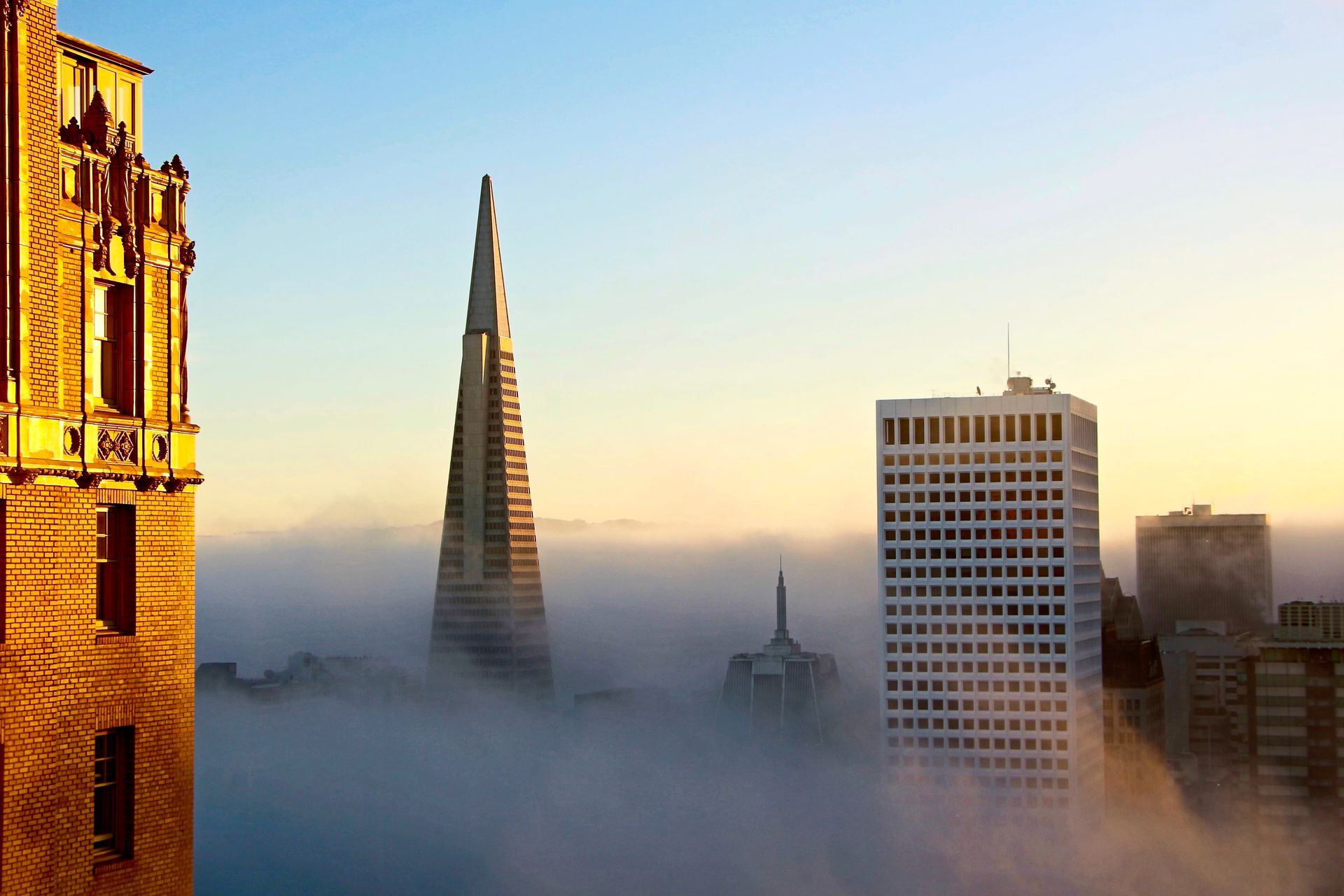 A city skyline covered in fog with a tall building in the foreground