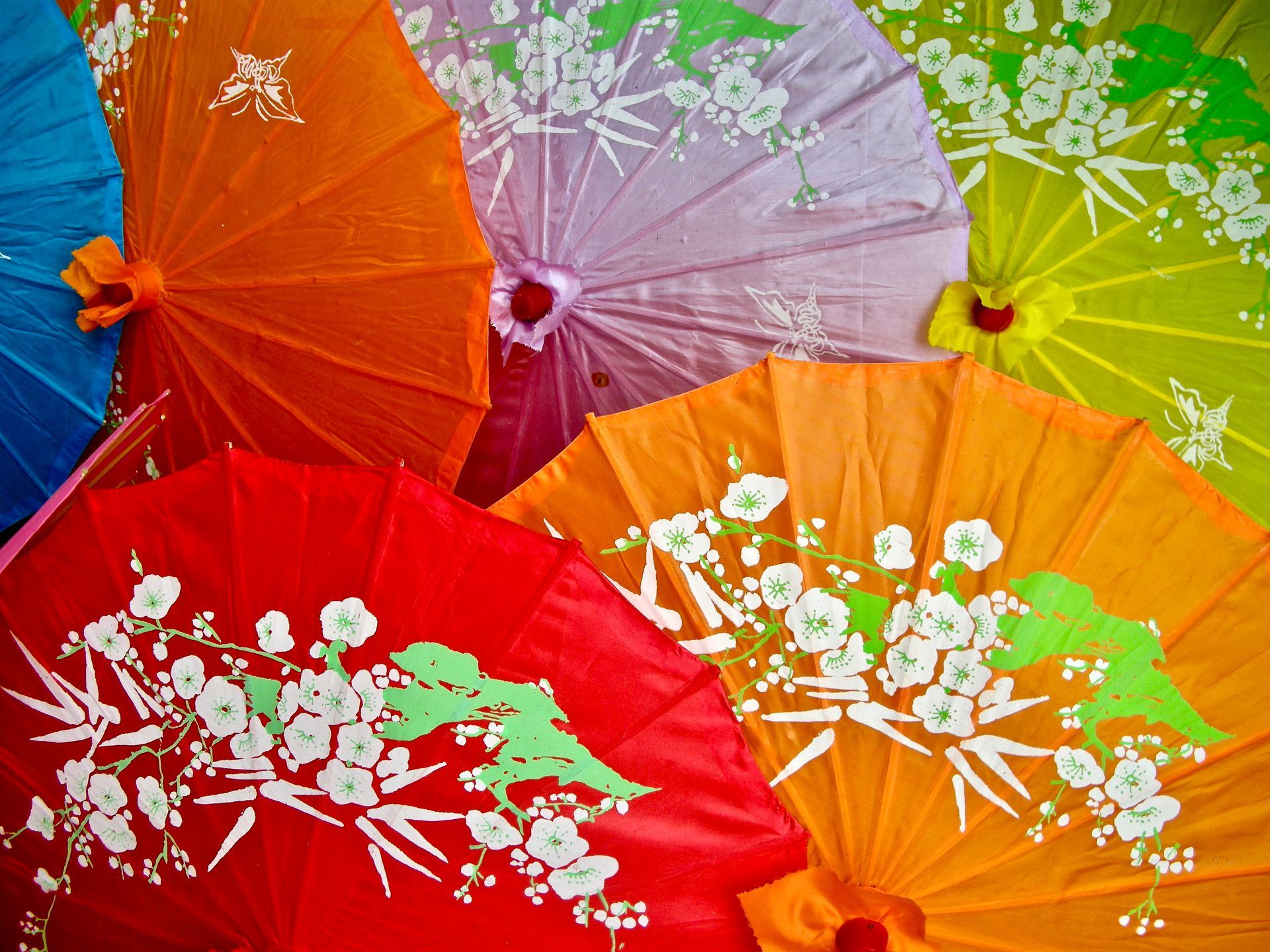 A bunch of colorful umbrellas with flowers on them