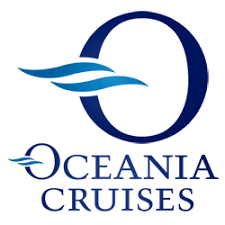 The logo for oceania cruises is a blue circle with a wave in the middle.