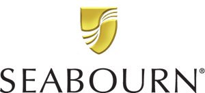 A logo for seabourn with a gold shield on a white background