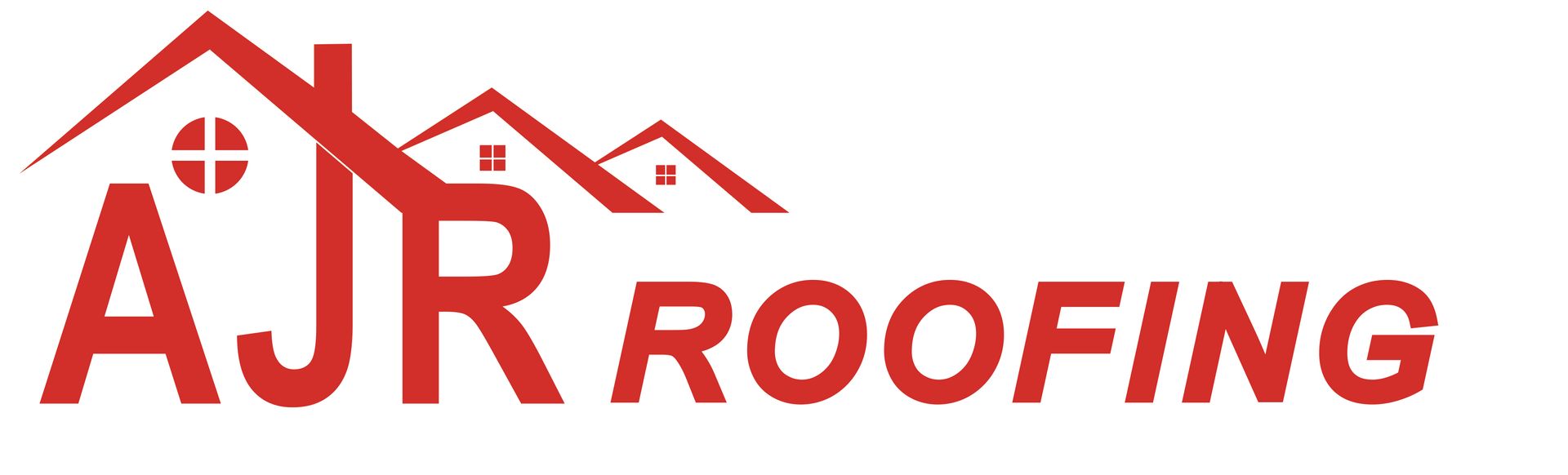 A red logo for aj roofing with a house and a roof.