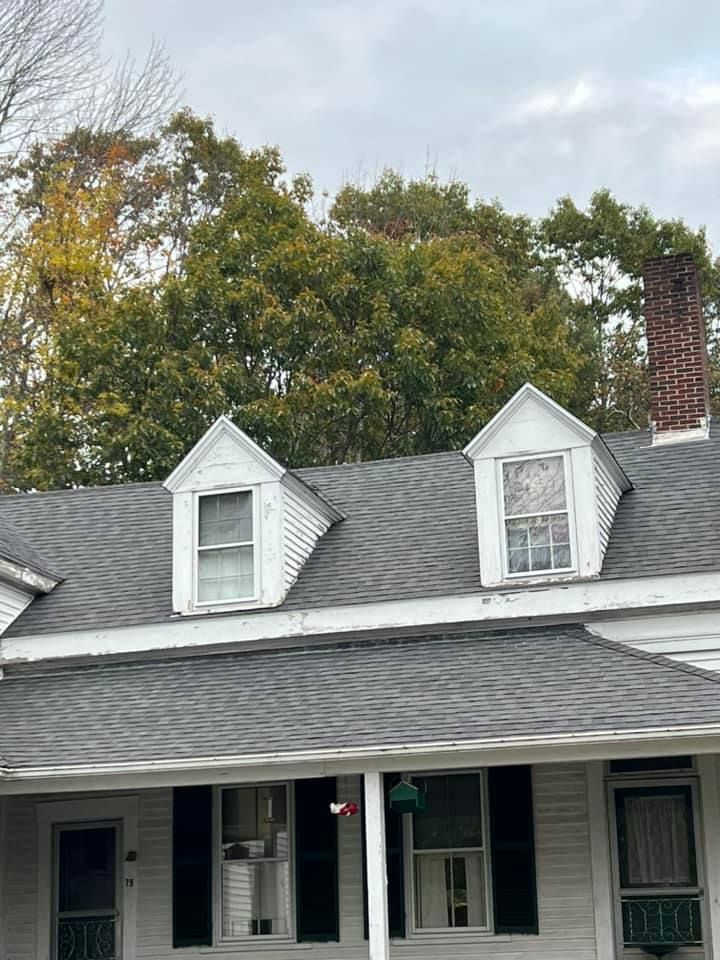 A white house with a gray roof and black shutters.