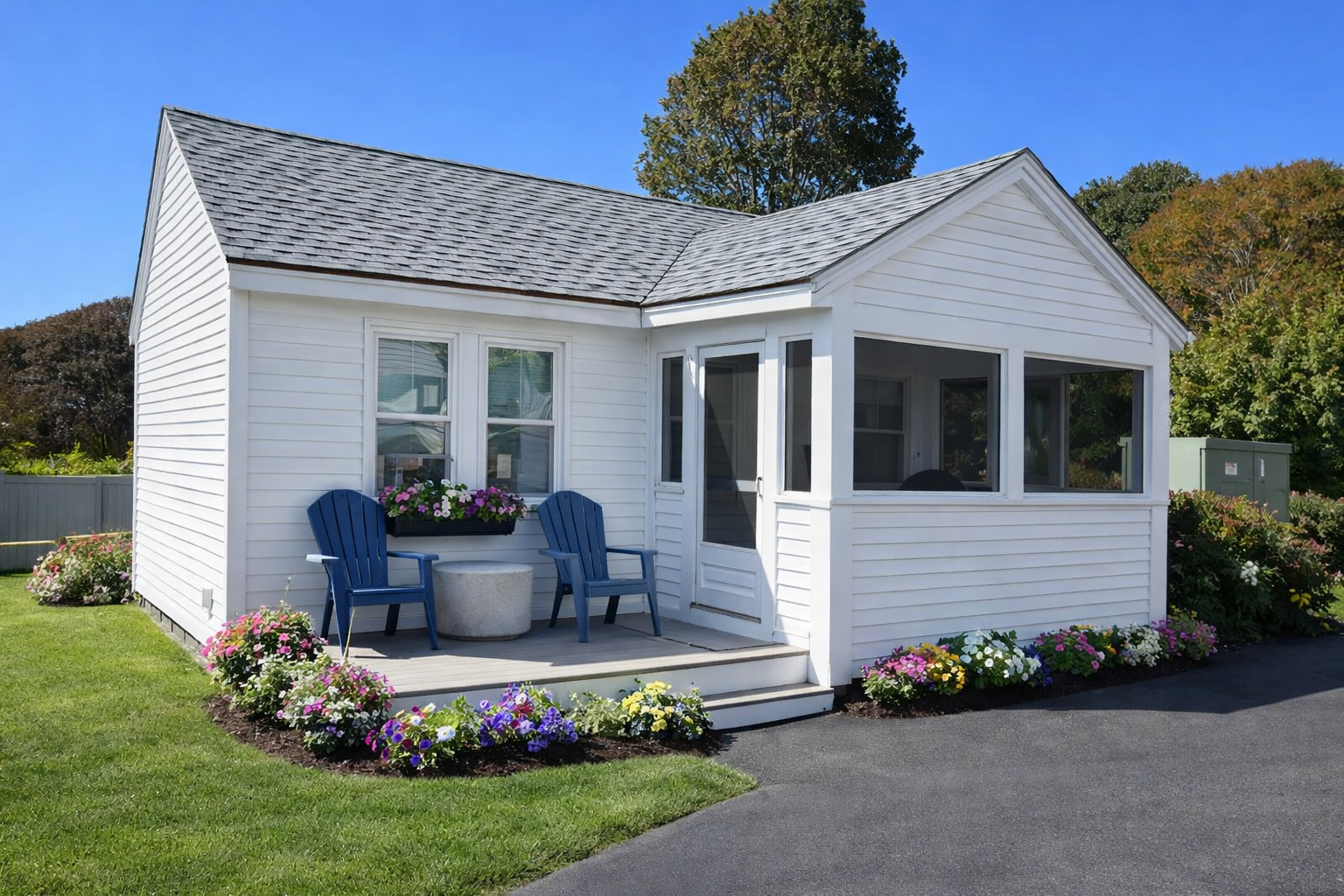 A small white cottage with a porch, blue chairs, and colorful flower beds on a sunny day.