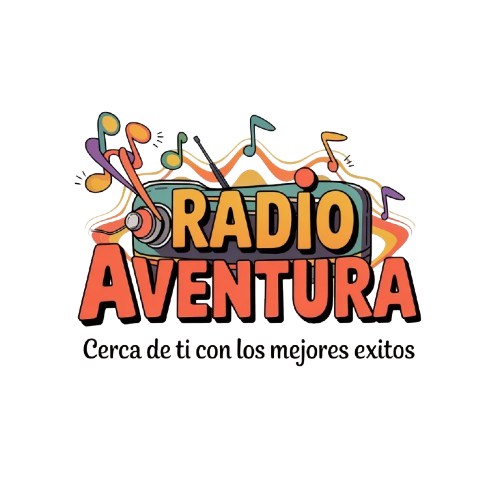 Un logotipo para radio aventura con notas musicales alrededor.