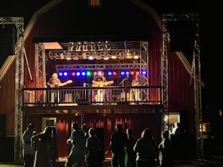 A group of people are standing in front of a stage with a band on it.