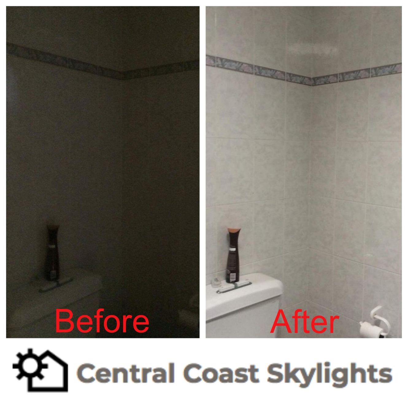Bathroom before and after — Skylight Installations & Repairs in Central Coast, NSW