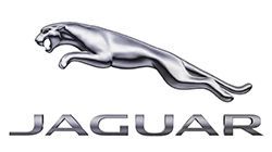 The jaguar logo is a silver jaguar jumping in the air.