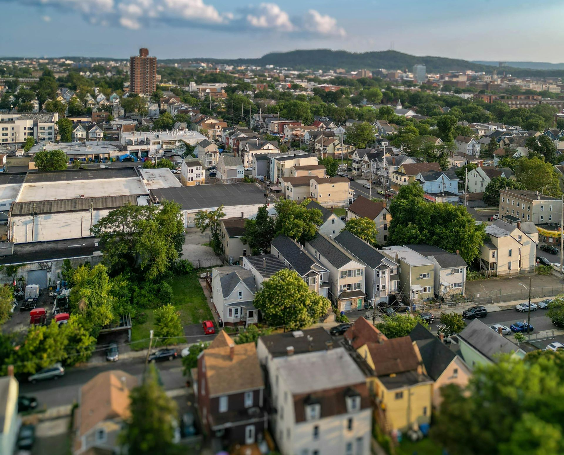 Aerial view of a dense neighborhood with houses, trees, and a distant city skyline under a cloudy sky