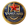 A gold-bordered circular logo featuring a red star over a US flag shield, titled "Vanguard Bail Bonds" and its website.