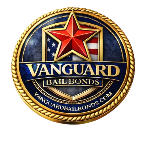 A gold-bordered circular logo featuring a red star over a US flag shield, titled "Vanguard Bail Bonds" and its website.