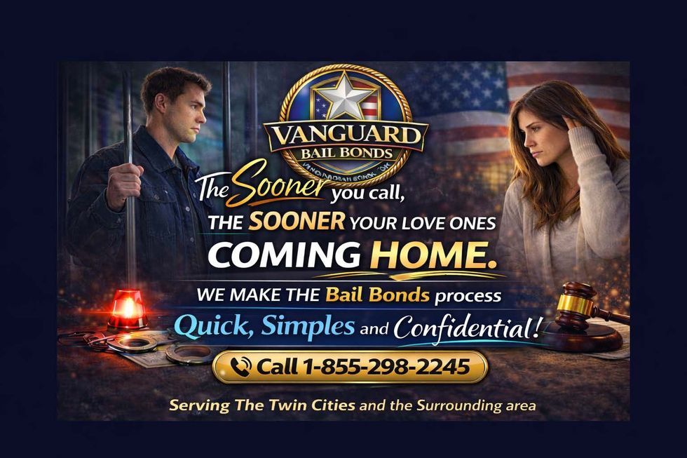 Vanguard Bail Bonds ad: text promises quick, confidential service for the Twin Cities, with a phone number and US flag.