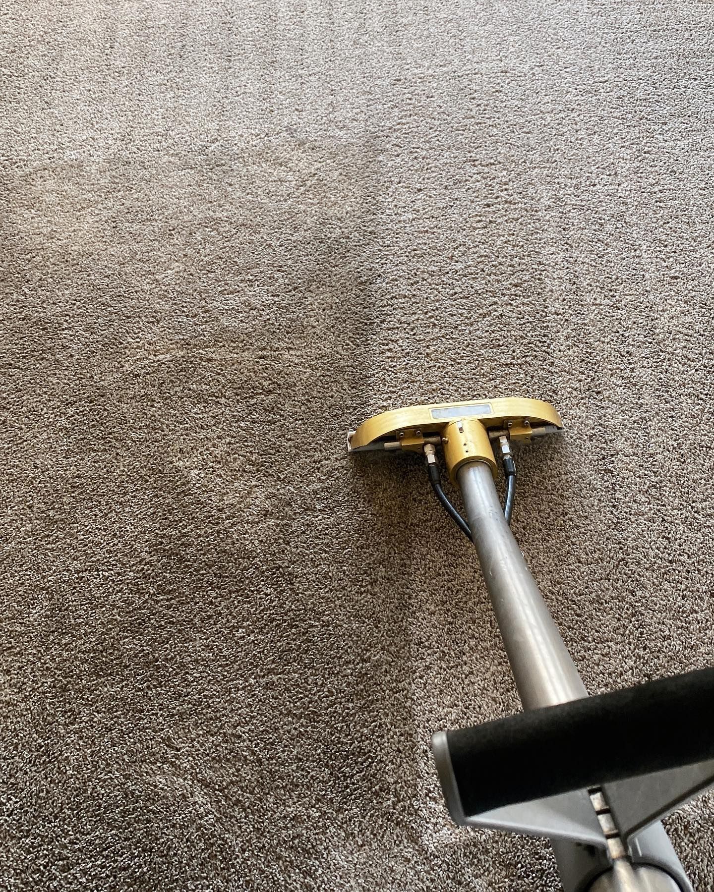 A vacuum cleaner is cleaning a carpet in a room.