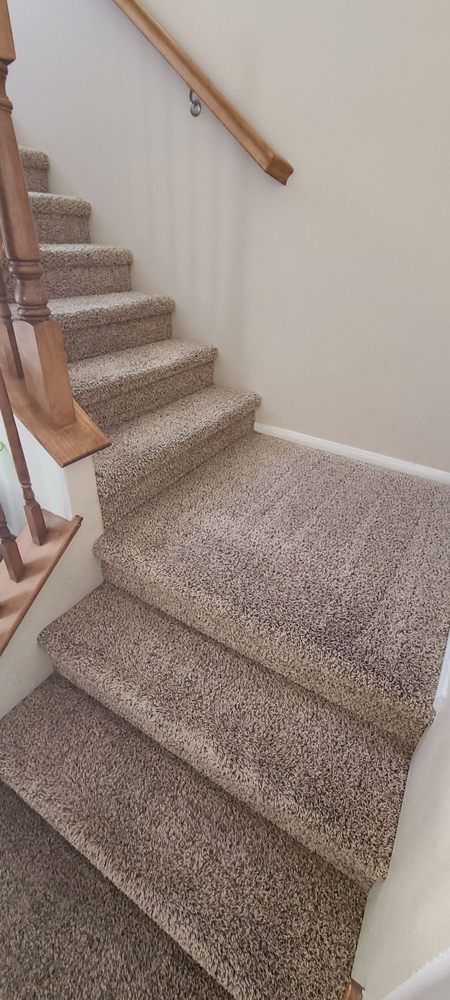 A staircase with carpeted steps and a wooden railing.