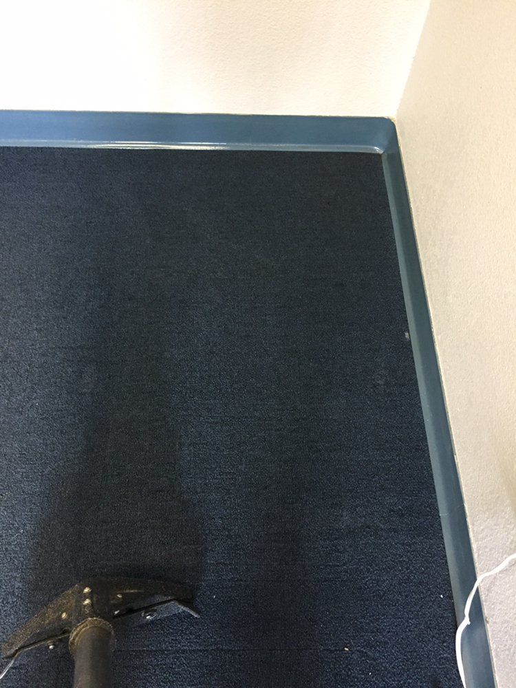 A vacuum cleaner is cleaning a blue carpet in a room.