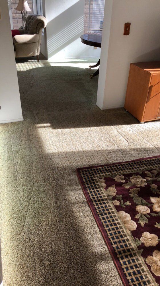A living room with a rug on the floor and a chair.
