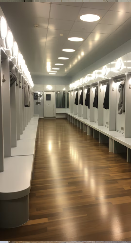 Empty locker room with white lockers, benches, and bright overhead lights. Wooden floor.