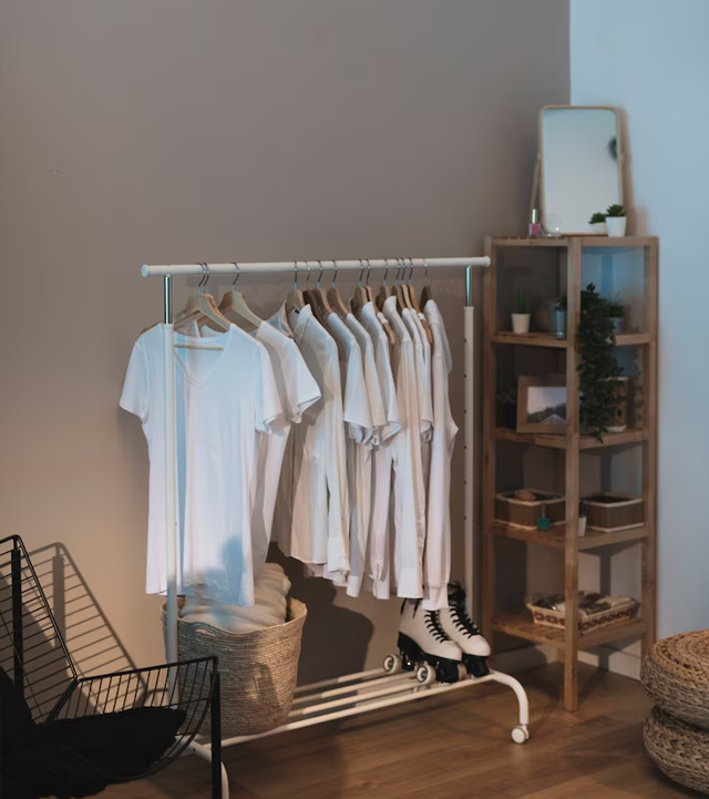 White clothes on a rack in a neutral-toned room.  A small wooden shelf unit holds a mirror and decor.