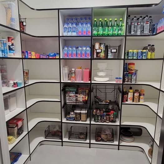 Corner pantry with organized white shelves, black trim, and various food items and beverages.