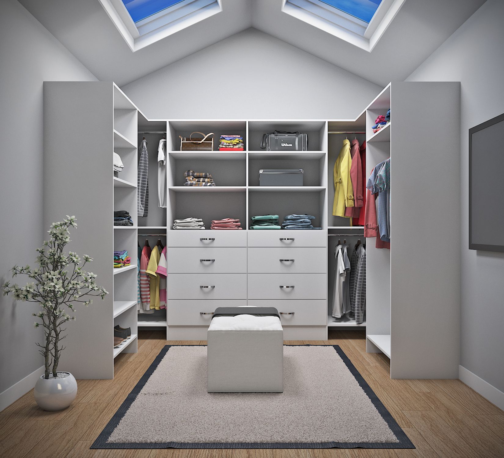 Walk-in closet with white shelves and drawers, clothing, and an ottoman on a rug.