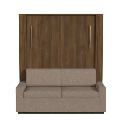 A brown wall bed with a beige sofa in front.