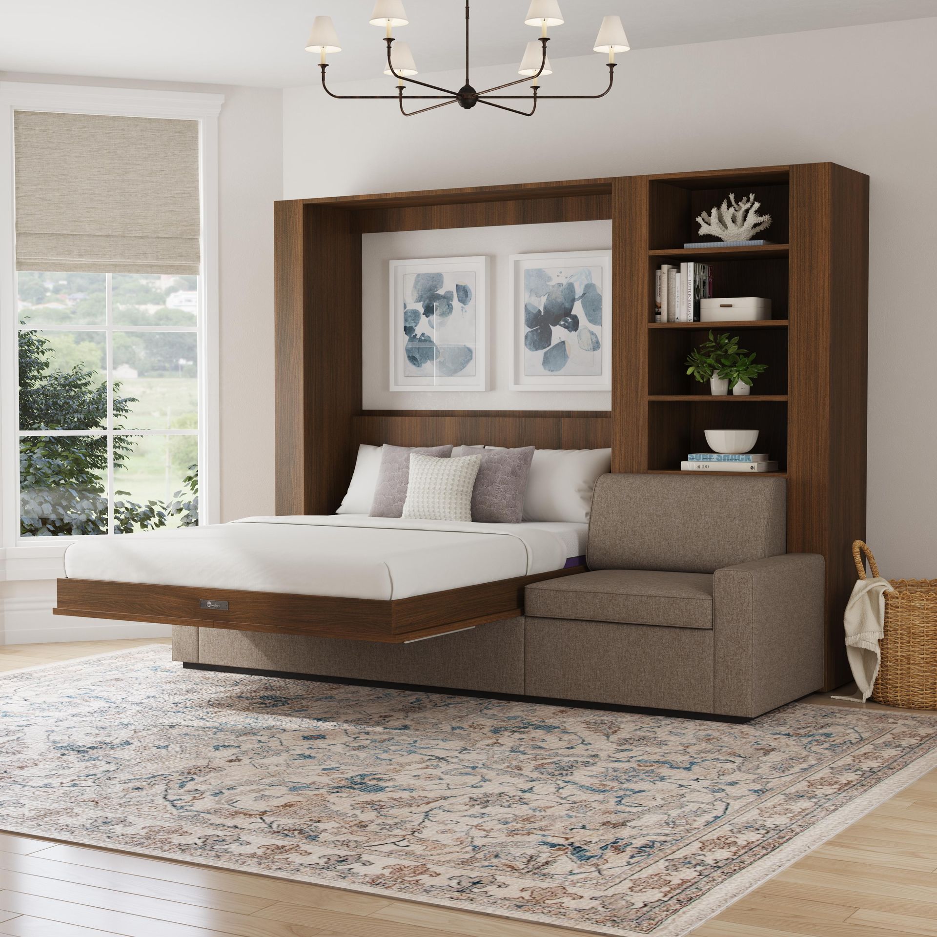 Built-in wall bed with sofa and shelves, in a bright room with artwork and a rug.