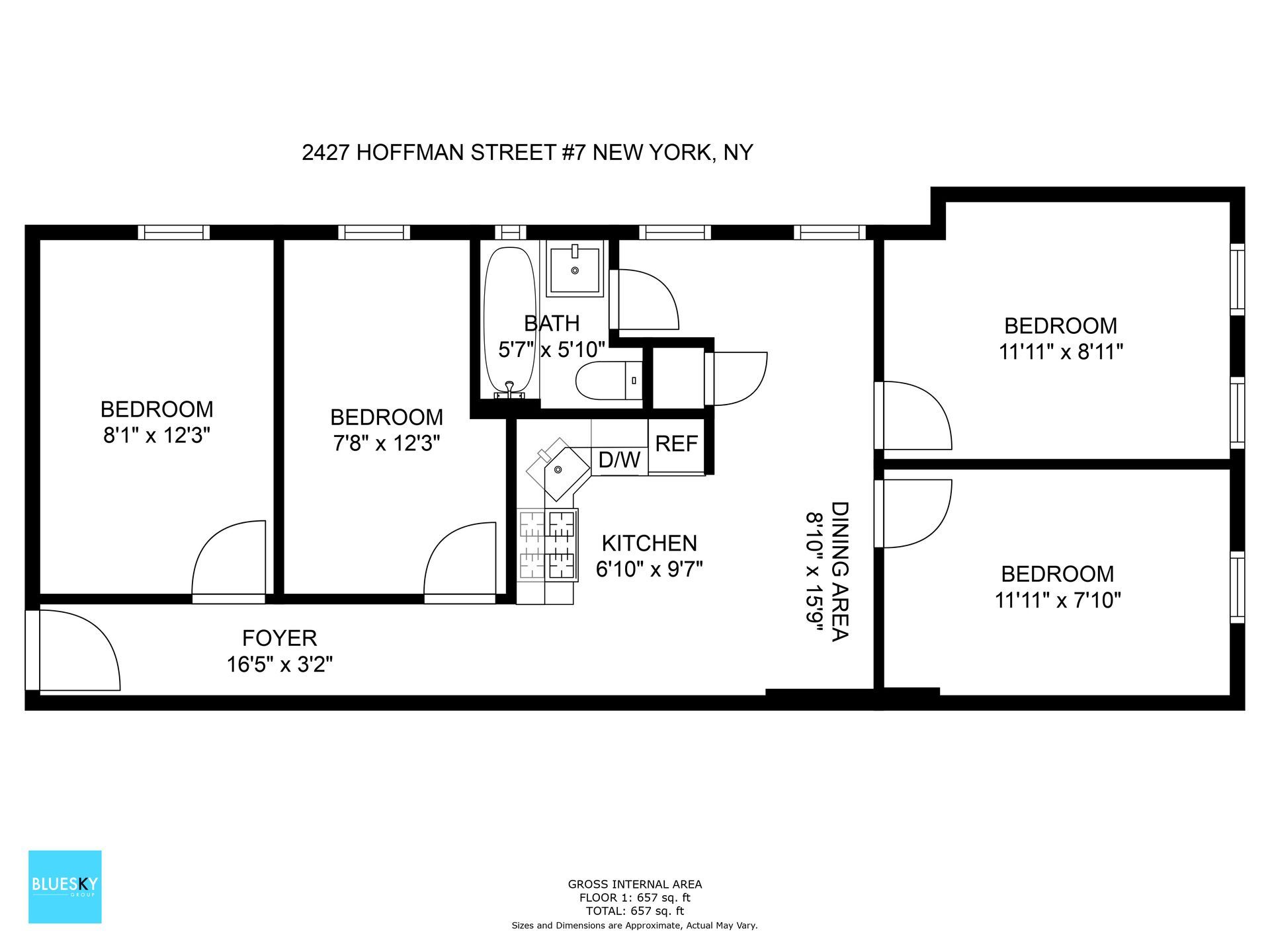 A black and white floor plan of a house with three bedrooms and a bathroom.